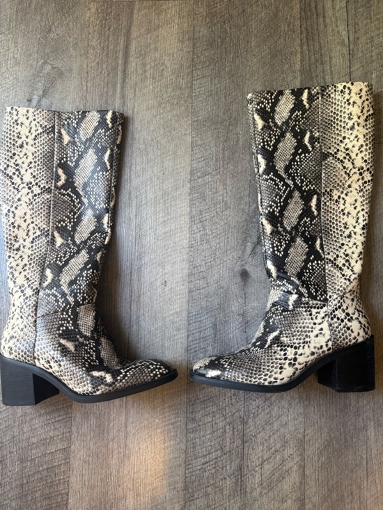 Shoes - Snake Print Knee Boots - Black & Cream